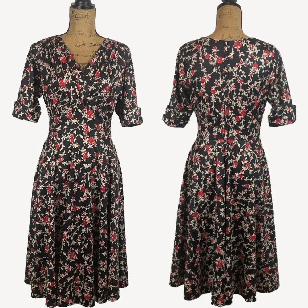 Unique Vintage Black Floral Midi Dress with Red and Cream Accents